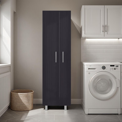 Armoire à linge Brysyn de 181 cm de haut avec portes et étagères, meuble de rangement autoportant pour buanderie