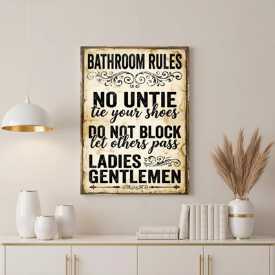 «Bathroom Rules», typographie rétro sur toile tendue, reproduction de peinture à l'huile