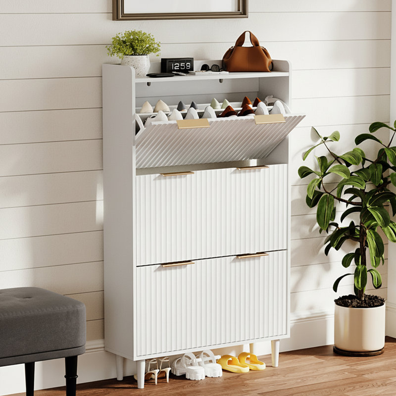 31.6 Inch 3 Flip Drawer Shoe Cabinet With Grid Panel, White