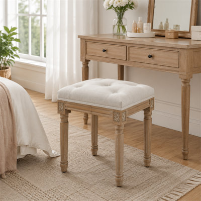 Banc rembourré en lin beige capitonné avec pattes de protection en bois massif sculpté et capacité de 300 livres facile à assembler pour le meuble-lavabo de chambre à coucher et le piano