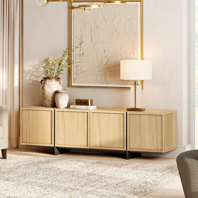 Modern Entertainment Center With T-Shaped Wooden Legs, 4-Door Storage Tv Stand Compatible With 80 Inch Tvs, Media Cabinet For Living Room, 