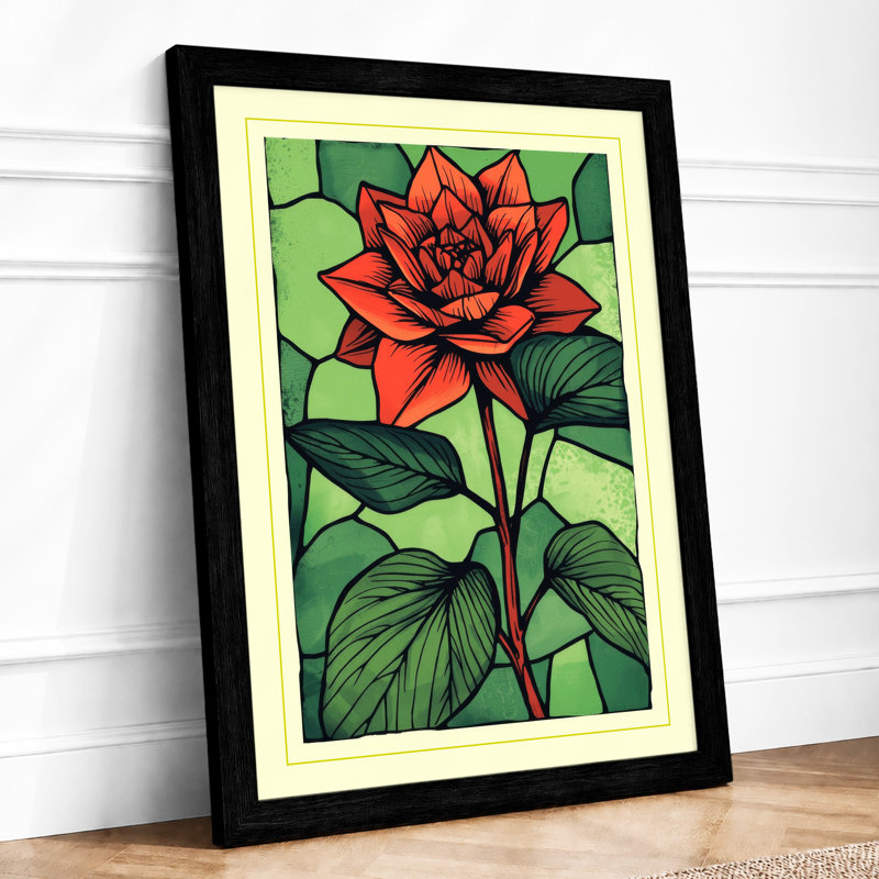 Red Lotus in Green Botanical - Framed Print, Black, A4 - 29.7 x 21.0 cm