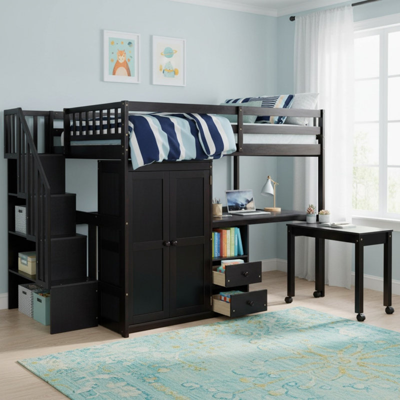 Lit mezzanine avec rangement et bureau, Double, Espresso