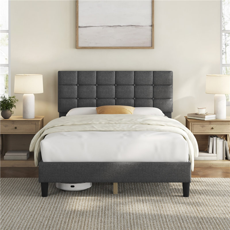 Lit plateforme tapissier Contemporary, Double, Gris foncé