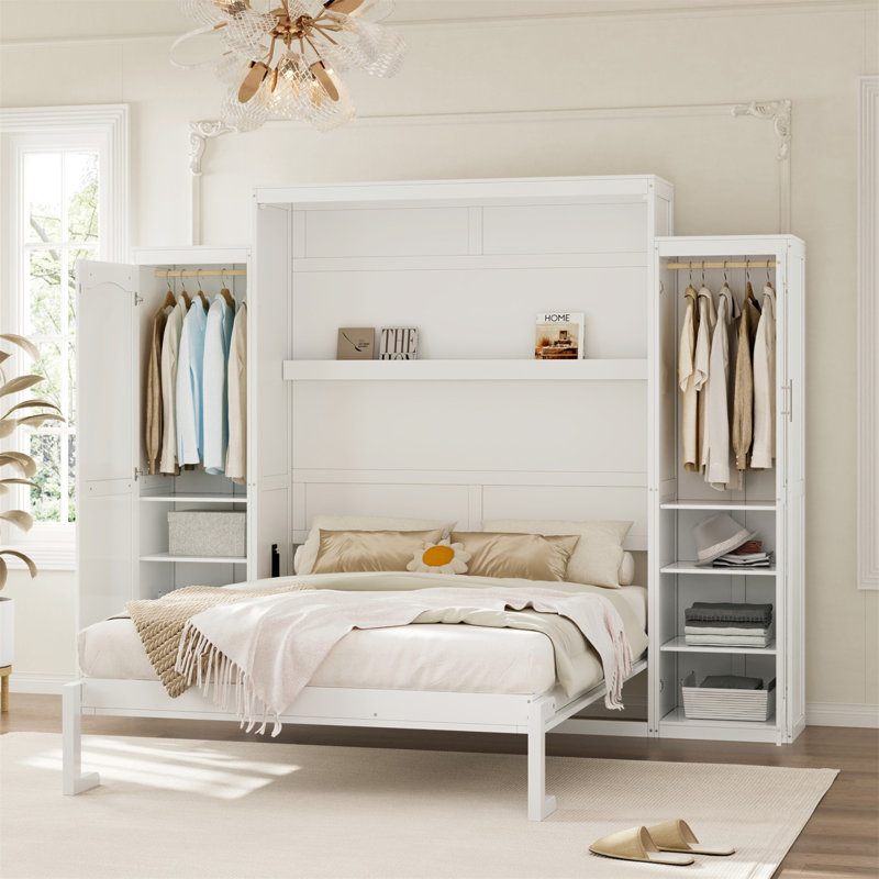 Grand lit escamotable avec 2 garde-robe et tablette de rangement, cadre de lit plateforme pliable multifonctionnel pour chambre d'amis, chambre à coucher