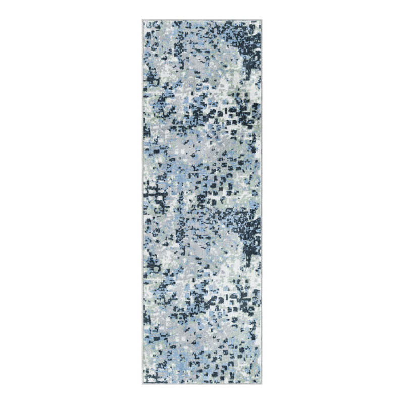 Tapis en polyester tissé à la machine Azion en gris / bleu marine / ivoire, Tapis de couloir 2 pi x 6 pi 1 po
