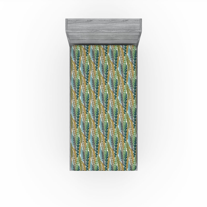 Ambesonne Nature Fitted Sheet Leaves Botanical Style Art, Fawn Mustard/Dark Teal Floral, Twin XL Fitted Sheet