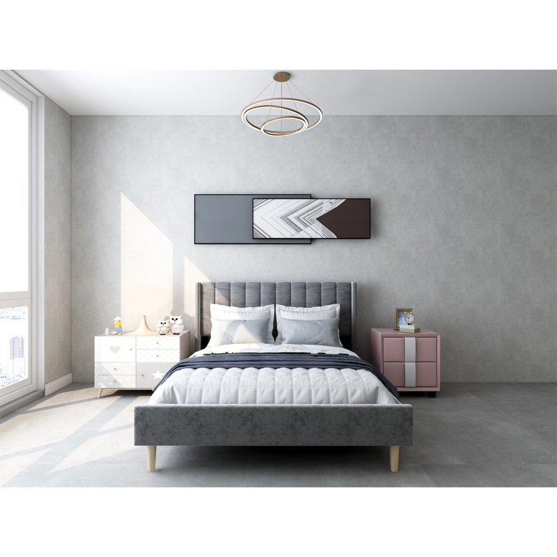 Lit plateforme tapissier avec tête de lit à oreilles Eriksay, Velours gris foncé, Double
