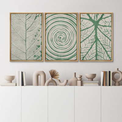 Abstrait botanique vert, feuilles blanches, 3 pièces