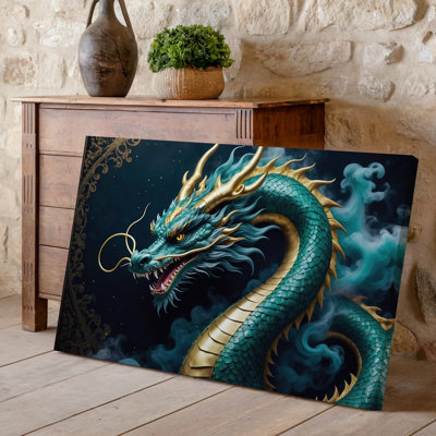 Canvas A Majestic Dragon Coiling Gracefully Against A Dark Intricate Background Wall Art Showcasing Vibrant Teal Scales Contrasted By Canvas Wall Art