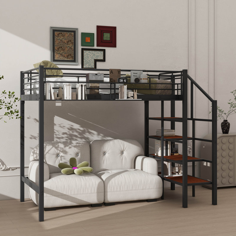 Metal Loft Bed In Twin Size, Featuring An Upper Mesh Storage Shelf, Black