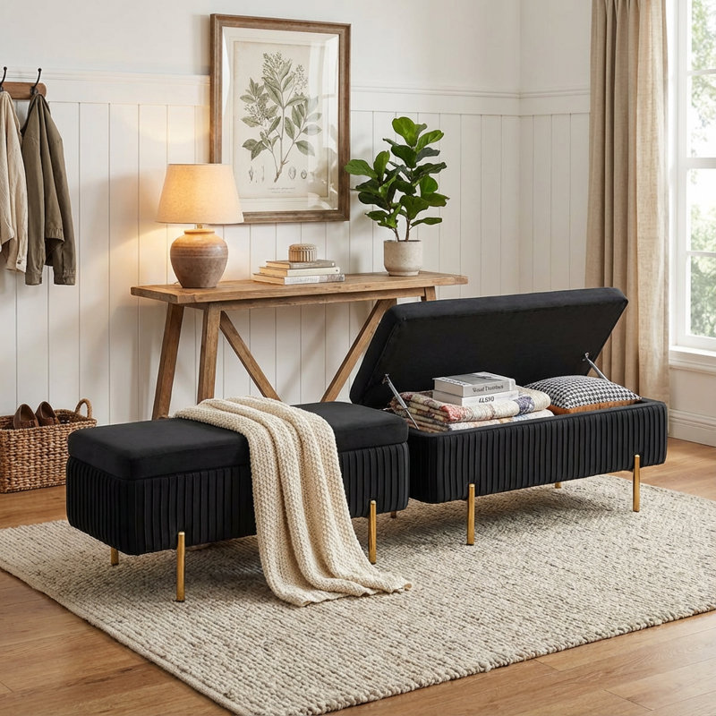 Banc de rangement en velours Leaysia, Noir