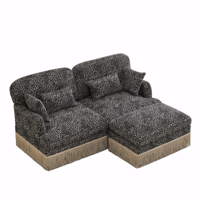 Comfy Chenille Leopard Printing Loveseat Sofa,Delicate Tassel Edge,Movable Ottoman,Modern Fashion Style,Ergonomic Back And Seat Design, Easy Assembly,Deep Seat Couch For Living Room,Khaki Black