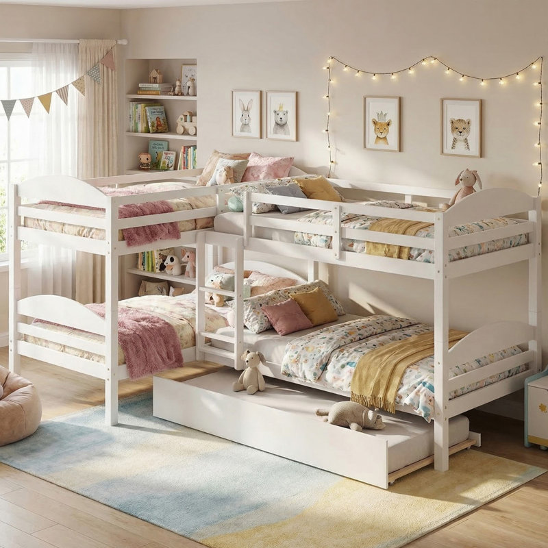 Nevaeh Kids Twin Over Twin Bunk Bed with Trundle, White