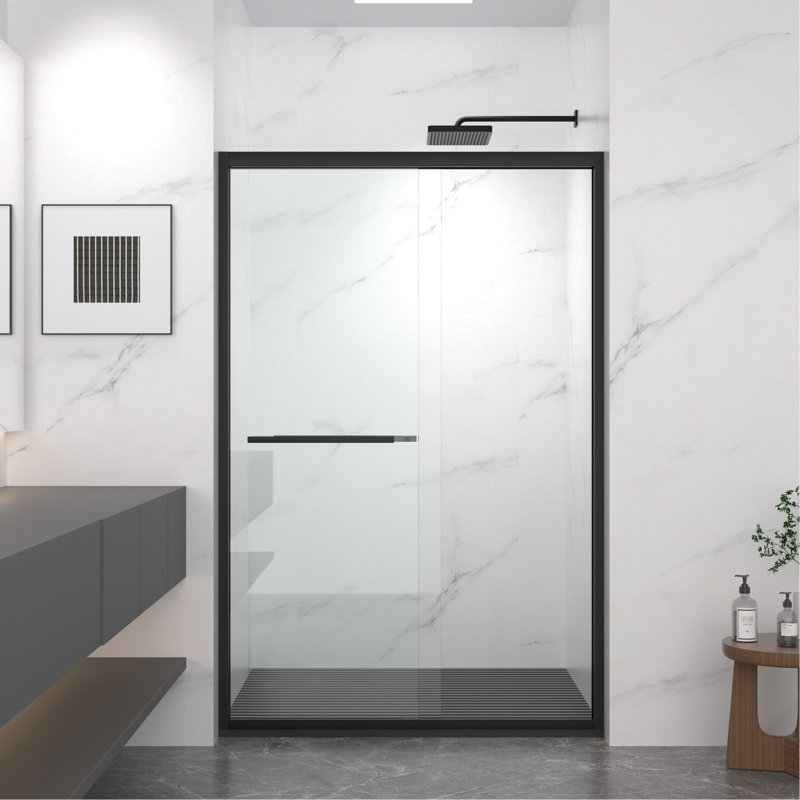 Cabine de douche à double cadre coulissant en aluminium de 44 à 48 po de largeur avec verre trempé chanfreiné de 8 mm, poignée anti-corrosion, poignée pour serviette et coulissante, installation réversible dans la salle de bain chanfreiné noir