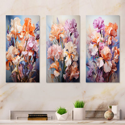 «Irises Bouquet Contemporary Tranquility», ensemble d'art mural en métal sur 3 iris
