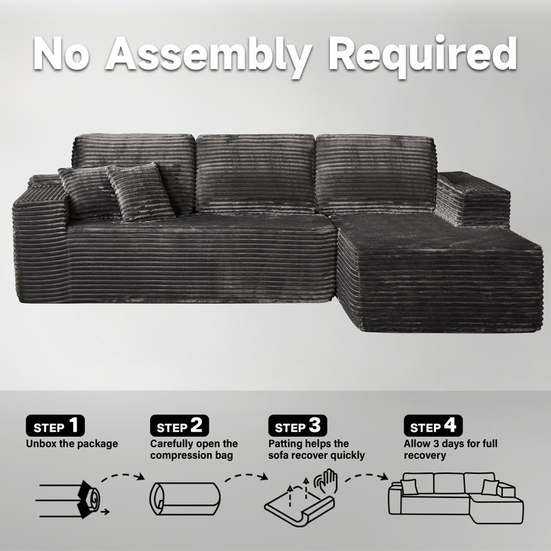 Canapé modulaire à 2 pièces avec rembourrage Co² Boneless, aucun assemblage requis, Velours côtelé gris, Face à la droite