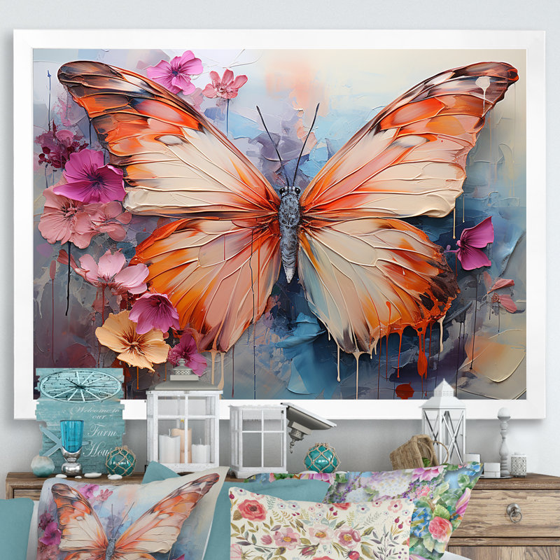 Papillon abstrait auras - art mural papillon, H 16 po x l 32 po x P 1 po, Cadre simple blanc