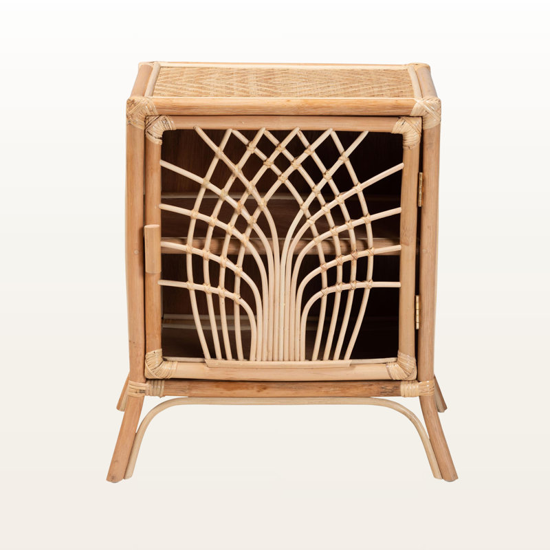 Table de chevet en rotin brun naturel à 2 tablettes avec porte H 23,41 po x l 21,78 po x P 15,56 po Zane