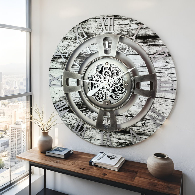 Solid Wood Wall Clock, Grey/White, Oversize 91.4cm