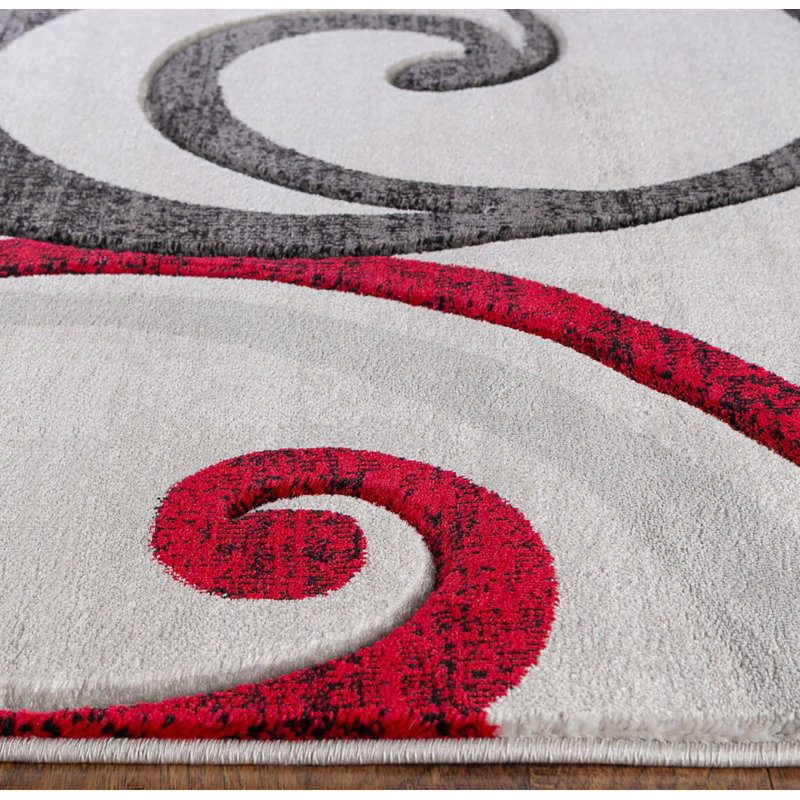 Tapis moderne à motif de tourbillons sculptés à la main gris argenté moelleux, Rouge / gris / argenté