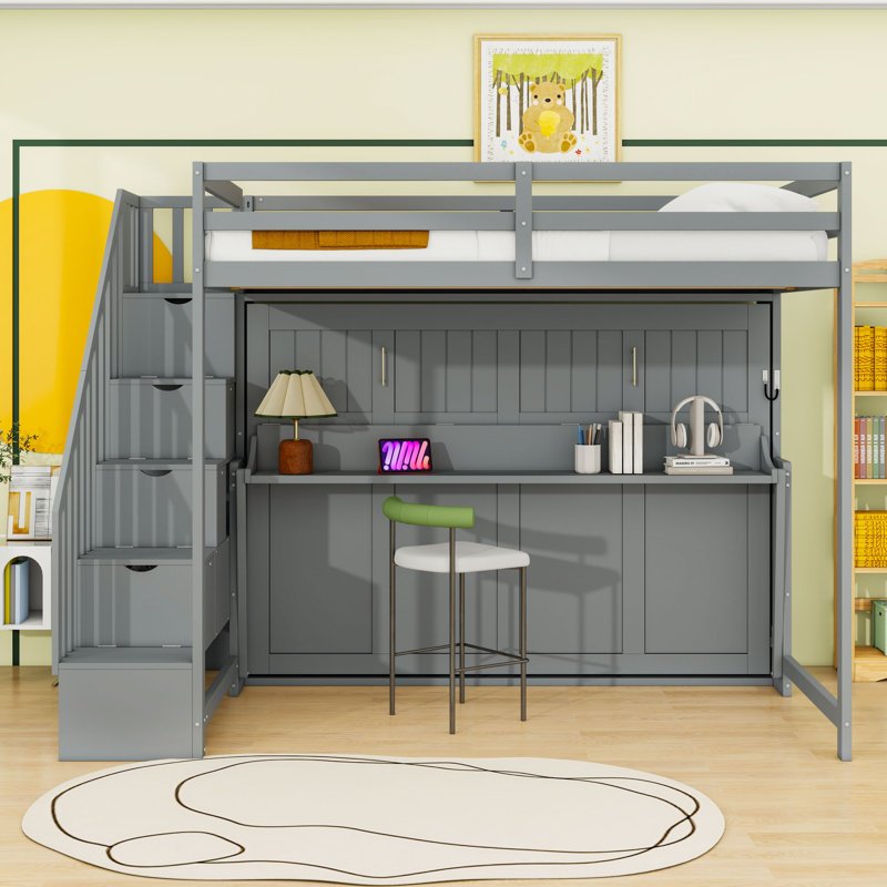 Full Over Full Bunk Bed With Shelves And Storage Staircase, Grey