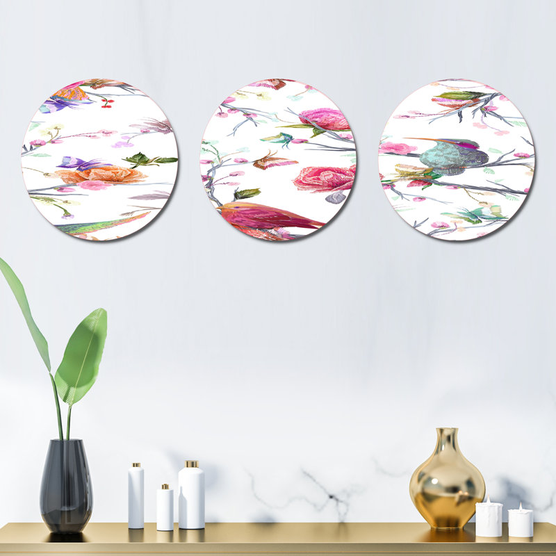 Ensemble de 3 décorations murales oiseaux, fleurs et feuilles