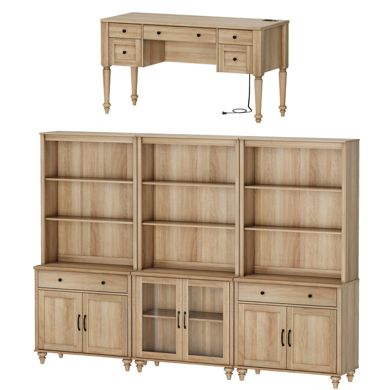 2 - Piece Office Set, 56" Executive Desk, Bookcases With 6 Drawers And 2 Glass Doors, Oak
