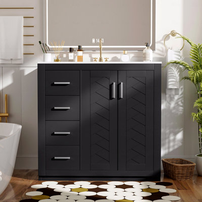 Ensemble de meuble-lavabo avec lavabo en céramique, meuble de rangement en bois massif, ensemble de meuble-lavabo autoportant avec 3 tiroirs et portes à fermeture douce