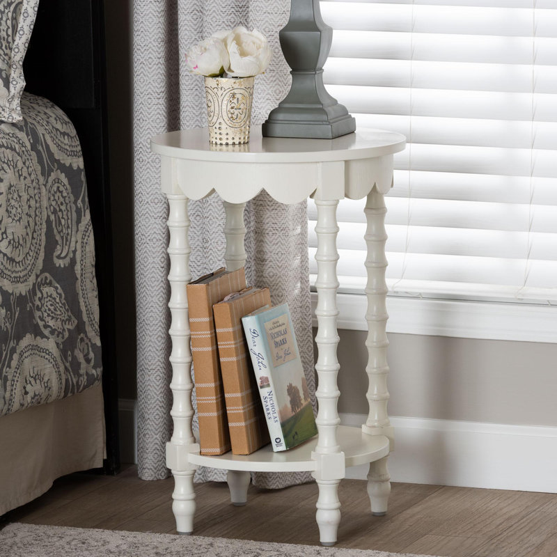 Baxton Studio Sally Round Nightstand With Bamboo Inspired Legs - Scalloped Bedroom Side Table With Open Shelf, White, White