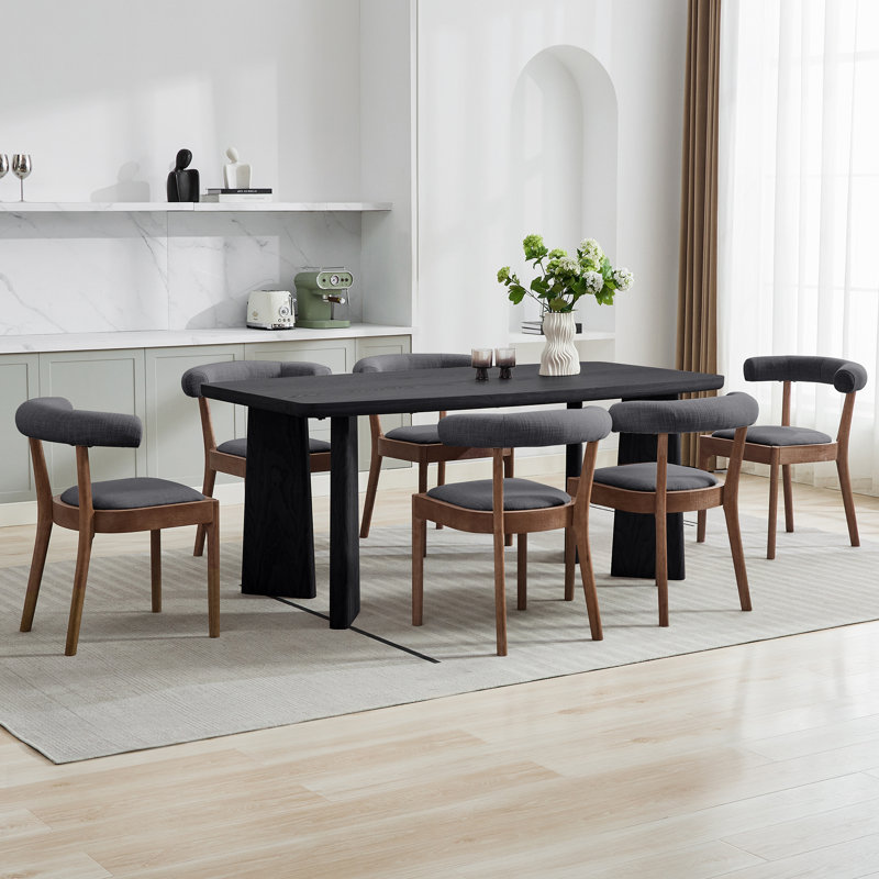 Ensemble de table à manger moderne, table de salle à manger rectangulaire et chaise de salle à manger rembourrée à dossier demi-tonneau avec structure en bois massif pour la salle à manger / cuisine