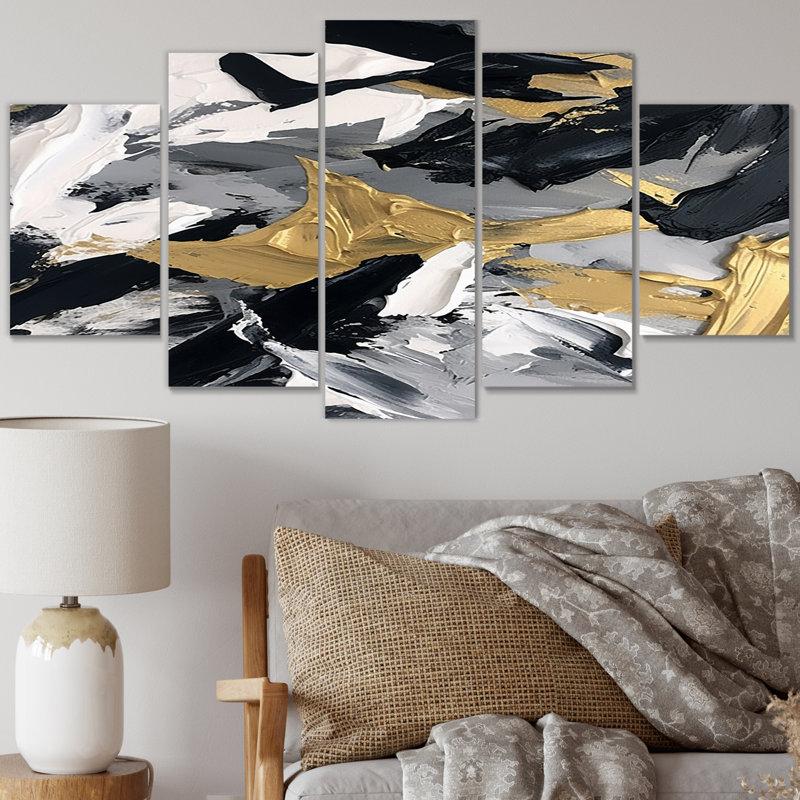 «Waves Of Midnight Passion Abstract Black & Gold I», reproduction d'art sur toile abstraite - 5 panneaux