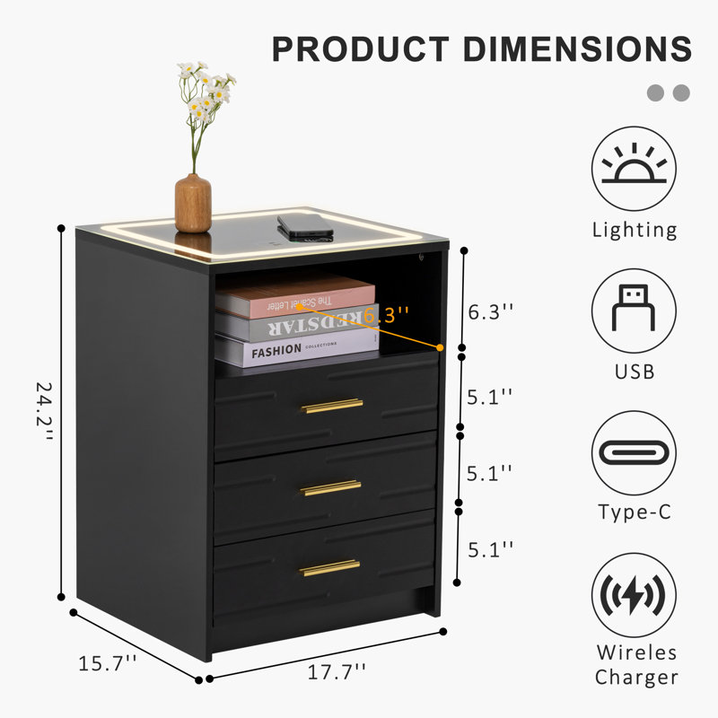 Nightstand With Charging Station And 3 Drawers, Led Lights, Black