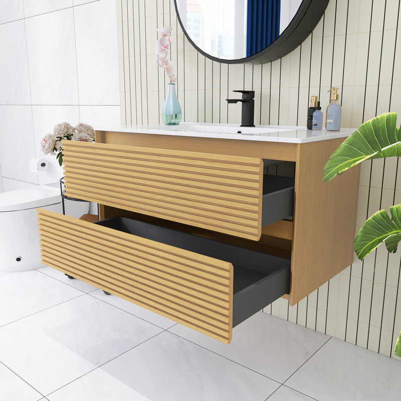 Wall-Mounted Single Bathroom Vanity Set With Ceramic Basin, Light Oak, 36"