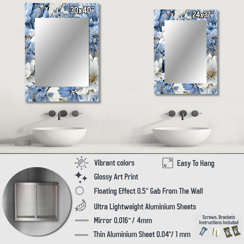 Motif victorien Holley Coastal Victorian Tranquility - miroir décoratif floral, miroir mural Cottage, 32 po x 24 po