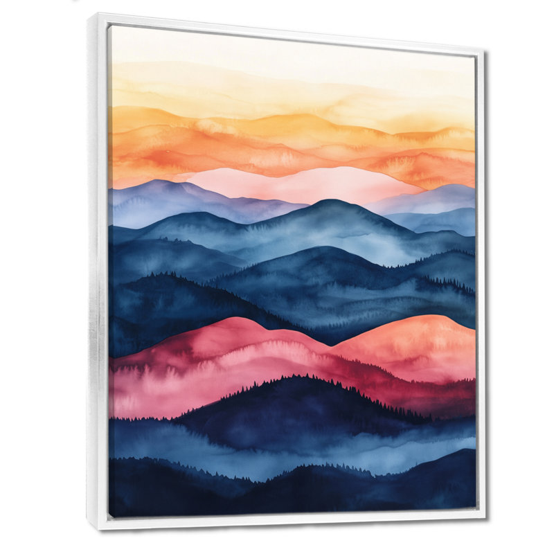 Coucher de soleil, art mural abstrait, toile de montagne abstraite, Droylsden, Cadre flottant blanc, H 32 po x l 24 po