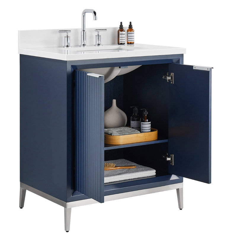 Bungalow 30" Freestanding Standard Single Bathroom Vanity with Top, Silver/Navy Blue