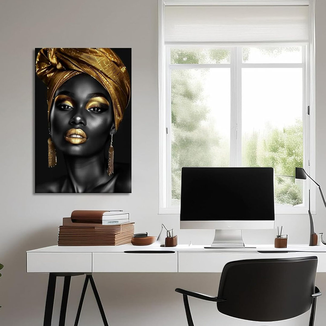 Women Canvas Wall Art African American Picture Wall Decor Black And Gold Girl Painting Portrait Prints Abstract Artwork For Living Room Bedroom Home D