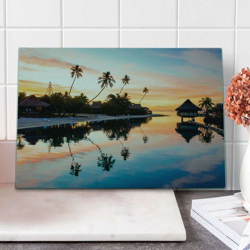 Planche à découper Ambesonne, grande taille, coucher de soleil, île de Moorea, jaune, corail, bleu