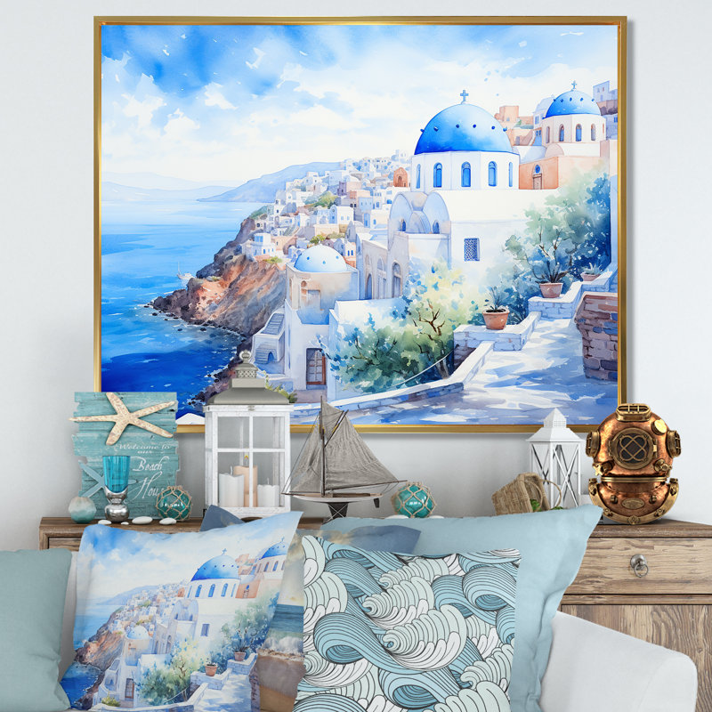 Art mural bleu et blanc Santorini Village II - Grèce, Cadre de coin blanc fermé, H 30 po x l 40 po x P 1,5 po