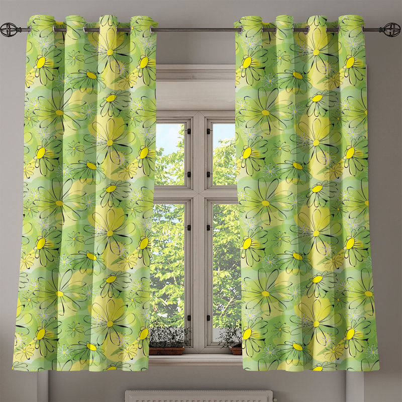 East Urban Home Floral Grommet Curtain Decorative 2-Panel Window Drapes, 50" Apple Green Yellow Black, 50" W x 54" L