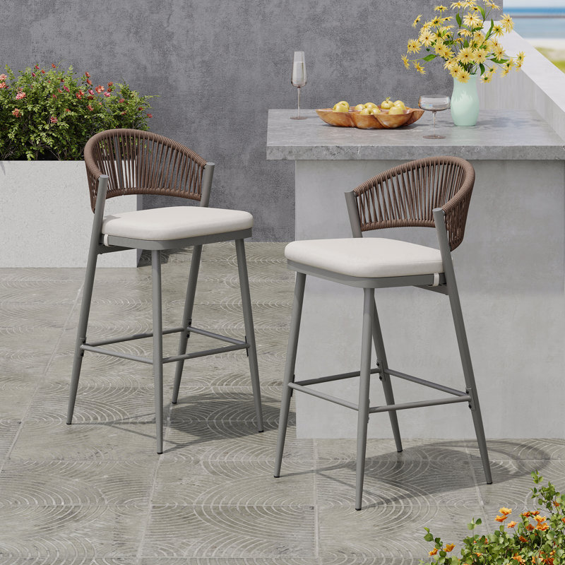 Set Of 2 Outdoor Patio Barstools, 30.25" Seat Height Metal Frame With PE Rattan Scallop-Shaped Backrest, Beige, 30.25"