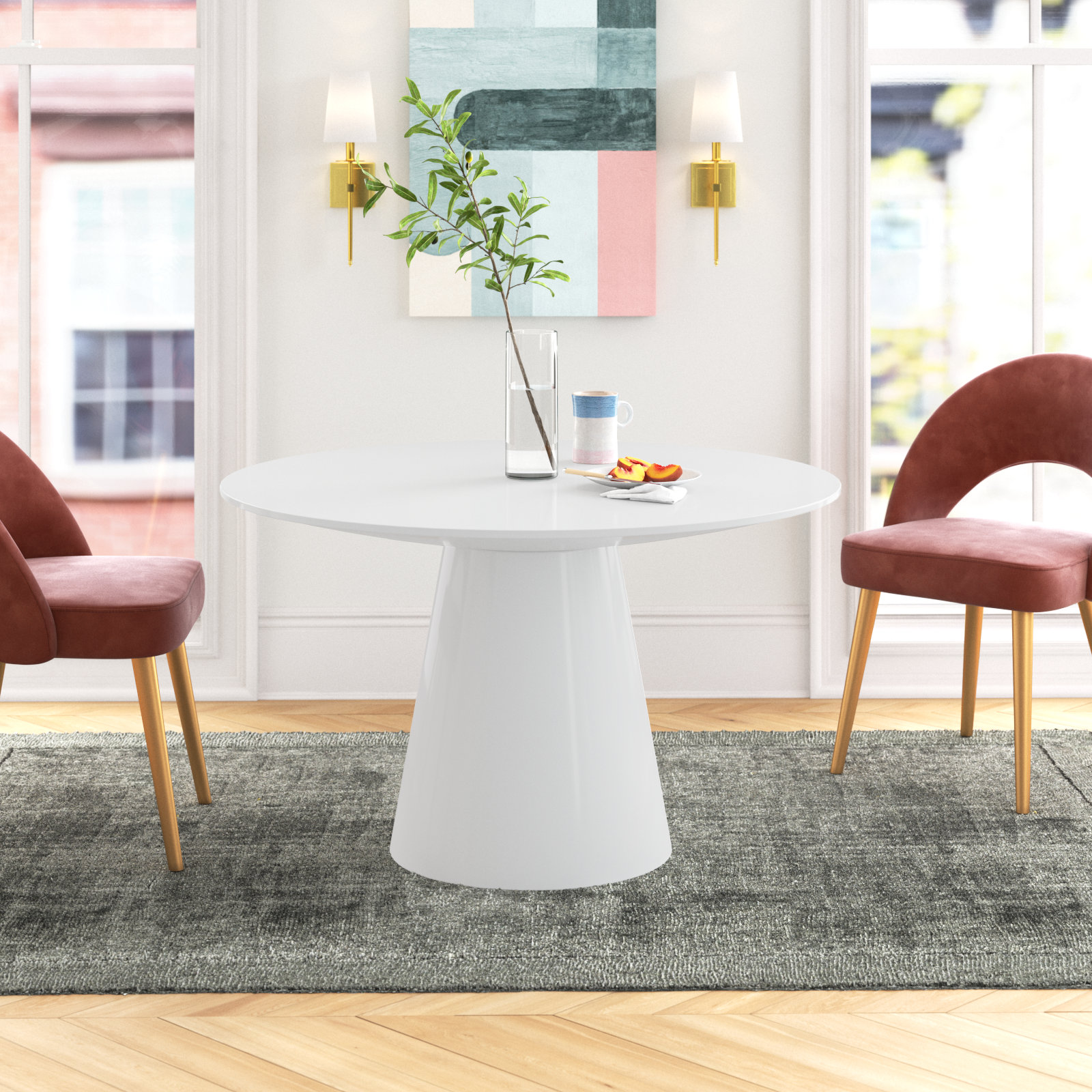 Adara 53" Oak Dining Table, Matte White, 43.31" W x 43.31"L