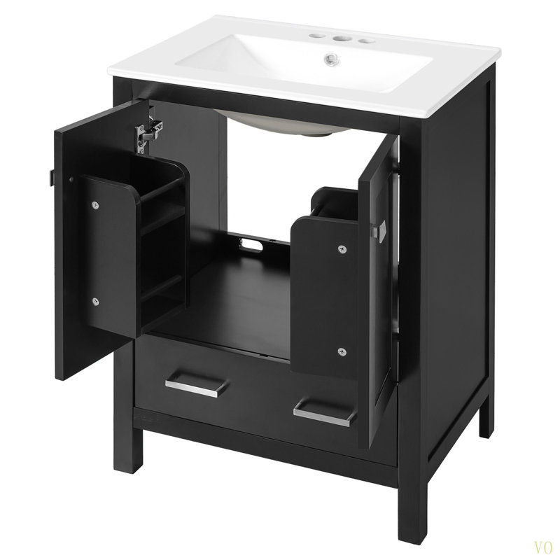 Meuble-lavabo de 24 pouces avec lavabo encastré intégré et armoire de rangement avec 2 portes et 1 tiroir. Comprend une tablette de porte à double couche, une conception à fermeture douce et des solutions de rangement polyvalentes