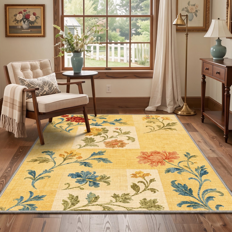 Tapis jaune / ivoire lavable à la machine avec envers antidérapant, Rectangle 5' x 7'
