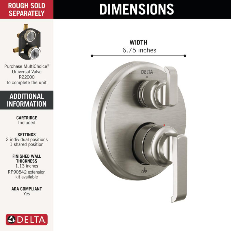 Ensemble de garniture de soupape de dérivation intégrée à 3 réglages Tetra 14 Series, ensemble de dérivation de robinet de douche