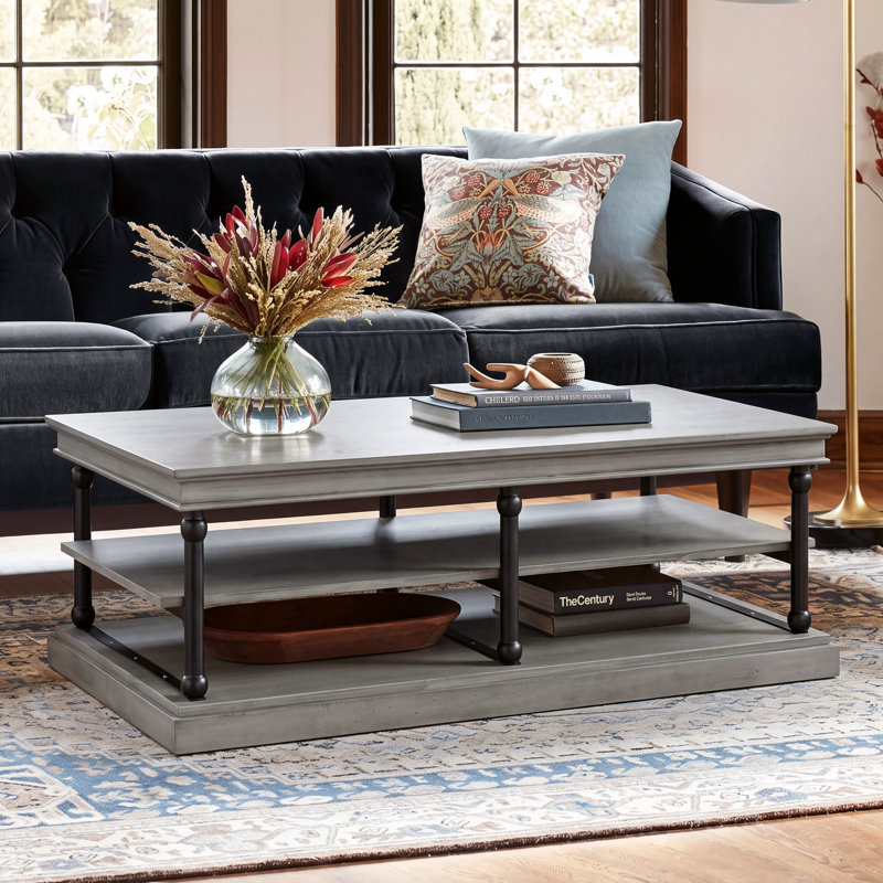 Alfonso Coffee Table With Wooden Legs & 2 Open Shelves, Gray
