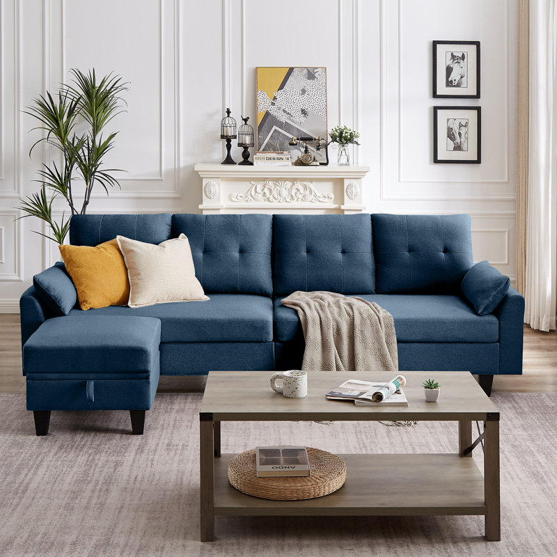 Canapé modulaire rembourré 101 po avec méridienne Linnzi, Bleu