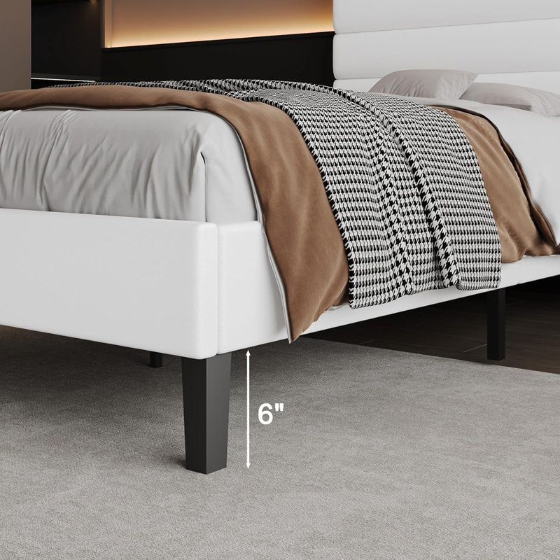 Bed frame with headboard, platform bed frame with velvet upholstered headboard and channel design, Twin, White