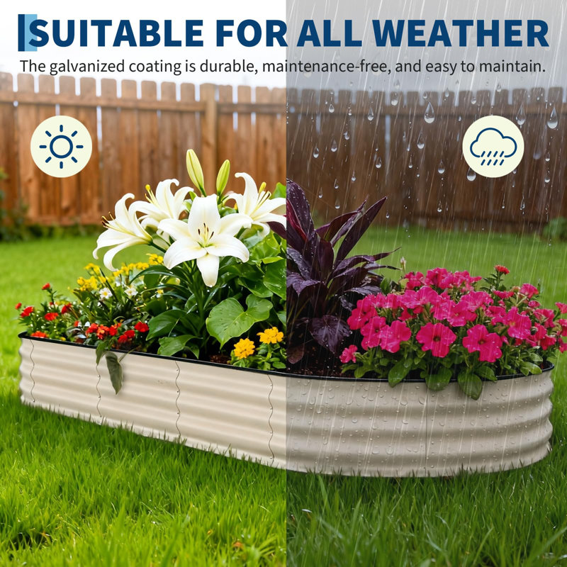8x4x1.5 ft Galvanized Raised Garden Bed, Heavy-Duty Oval Metal Planter Box with Open Bottom & Safe Edges, Beige